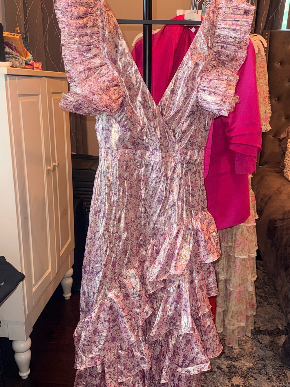 LoveShackFancy Pink Floral Ruffle Midi Dress